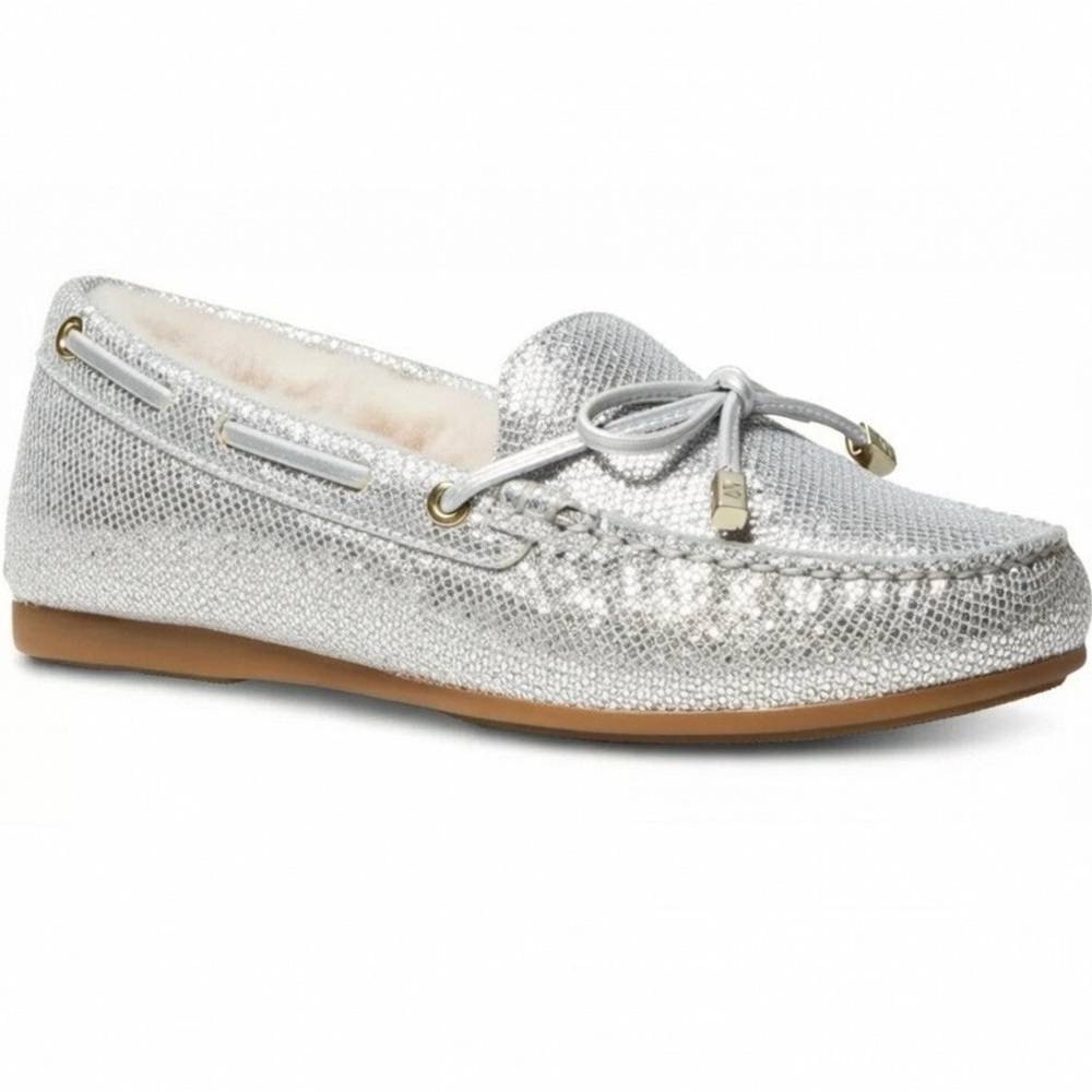 NEW MICHAEL KORS SUTTON SILVER GLITTER MOC SHOE 7 A34